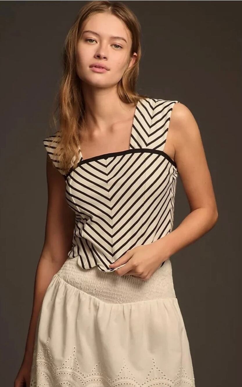 Maeve by Anthropologie Square Neck Cropped Tee Blouse Black and White Stripe XXS